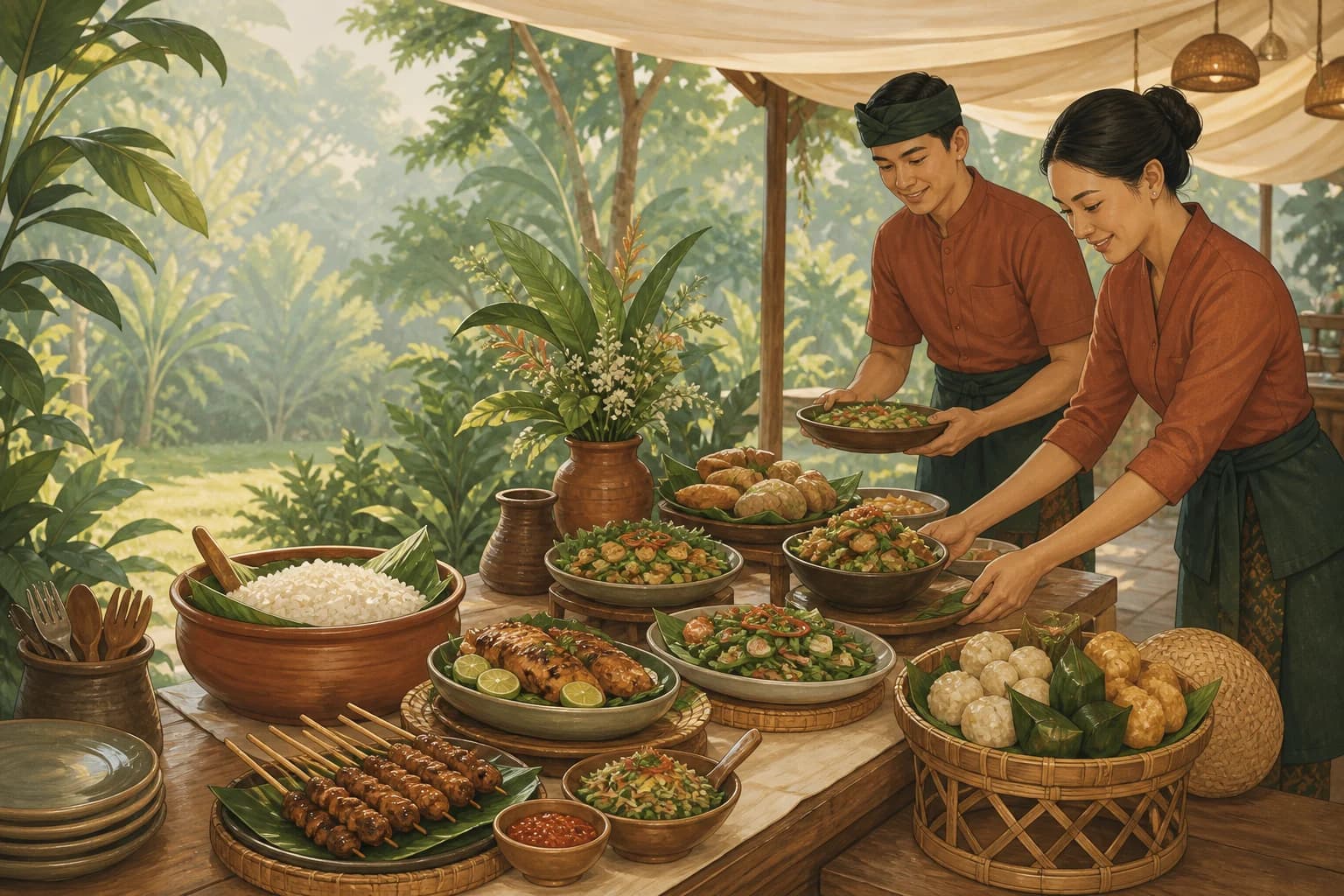 Ilustrasi Sojiwan Catering menata buffet hidangan Indonesia